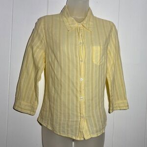 Y2K Old Navy Tiny Fit Yellow Striped Cotton Button Down Shirt Medium 3/4 Sleeve